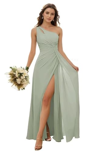 JIIL Damen Abendkleid Lang mit Schlitz Eins Schulter Brautjungfernkleider Chiffon Kleider Elegant für Hochzeit Grün Grau 36 von JIIL