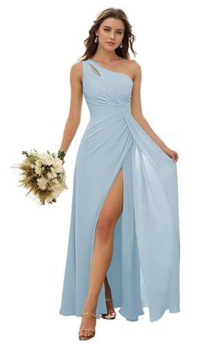 JIIL Damen Abendkleid Lang mit Schlitz Eins Schulter Brautjungfernkleider Chiffon Kleider Elegant für Hochzeit Hellblau 32 von JIIL