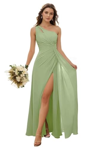 JIIL Damen Abendkleid Lang mit Schlitz Eins Schulter Brautjungfernkleider Chiffon Kleider Elegant für Hochzeit Salbeigrün 36 von JIIL