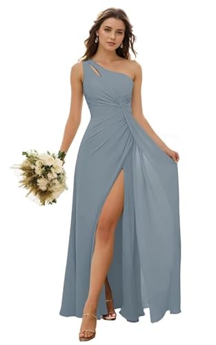 JIIL Damen Abendkleid Lang mit Schlitz Eins Schulter Brautjungfernkleider Chiffon Kleider Elegant für Hochzeit Staubiges Blau 52 von JIIL