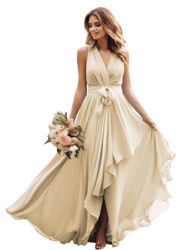 JIIL Damen Abendkleid Neckholder Elegant - Hochzeitsgast Kleid Große Größen Ärmellos Champagner 38 von JIIL