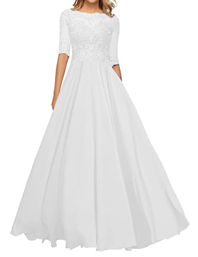 JIIL Damen Abendkleid mit Ärmel - Spitze Lang A-Linie Hochzeitgast Kleid Große Größen Weiß 46 von JIIL
