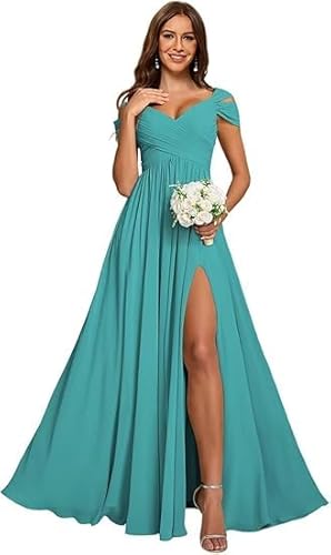 JIIL Damen Abendkleider,Damen Off Shoulder Chiffon Brautjungfernkleider Lang - Formeller A-Linie V-Ausschnitt Lang Abendkleider Elegant Hochzeit Schlitz Aqua Blau 44 von JIIL