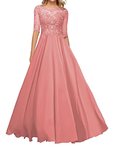 JIIL Damen Abendkleider Elegant Lang - Spitze A-Linie Brautmutterkleid mit Ärmel Koralle 36 von JIIL