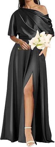 JIIL Damen Abendkleider Lang,Damen Eine Schulter Brautjungfernkleider Satin Formelle Abendkleider Mit Schlitz Mutter Ballkleider Abschlussball Party Kleid Schwarz 44 von JIIL