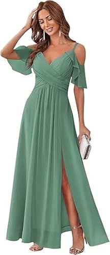 JIIL Damen Abendkleider Lang,Damen Off Shoulder Brautjungfernkleider Spaghettiträger V-Ausschnitt Elegante Lang Abendkleider A-Linie Kleider Für Hochzeitsgäste Dunkelgrün 48 von JIIL