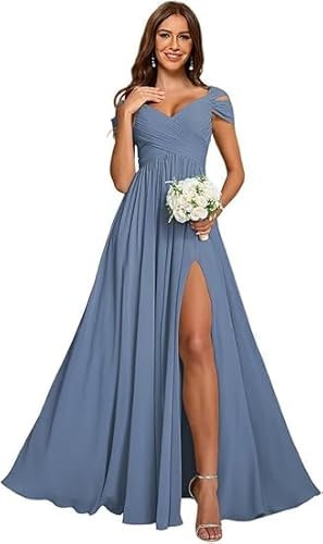 JIIL Damen Abendkleider Lang,Damen Off Shoulder Chiffon Brautjungfernkleider Lang - Formeller A-Linie V-Ausschnitt Lang Abendkleider Elegant Hochzeit Schlitz Bermuda 42 von JIIL