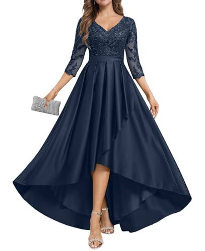 JIIL Damen Abendkleider Lang 2025 - Satin Spitzen Abendkleid mit Ärmel Brautmutterkleid für Hochzeit Navy Blau 44 von JIIL