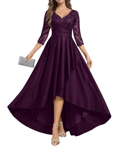 JIIL Damen Abendkleider Lang 2025 - Satin Spitzen Abendkleid mit Ärmel Brautmutterkleid für Hochzeit Pflaume 44 von JIIL