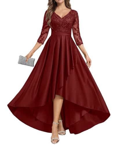 JIIL Damen Abendkleider Lang 2025 - Satin Spitzen Abendkleid mit Ärmel Brautmutterkleid für Hochzeit Weinrot 44 von JIIL