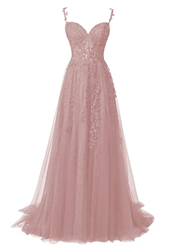 JIIL Damen Ballkleider Lang Spitze - Spaghettiträger Abendkleid mit Schlitz Tüll Rückenfrei Altrosa 32 JIIL Damen Ballkleider Lang Spitze - Spaghettiträger Abendkleid mit Schlitz Tüll Rückenfrei Altrosa 32 von JIIL
