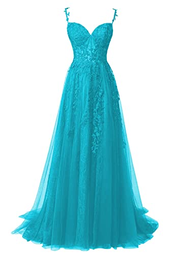 JIIL Damen Ballkleider Lang Spitze - Spaghettiträger Abendkleid mit Schlitz Tüll Rückenfrei Aqua 32 von JIIL