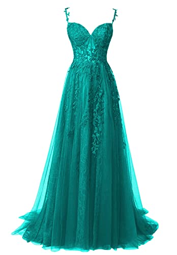 JIIL Damen Ballkleider Lang Spitze - Spaghettiträger Abendkleid mit Schlitz Tüll Rückenfrei Dunkel türkis 32 von JIIL
