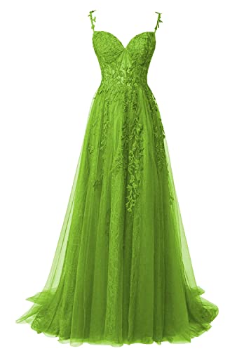 JIIL Damen Ballkleider Lang Spitze - Spaghettiträger Abendkleid mit Schlitz Tüll Rückenfrei Hell olivgrün 32 JIIL Damen Ballkleider Lang Spitze - Spaghettiträger Abendkleid mit Schlitz Tüll Rückenfrei Hell olivgrün 32 von JIIL