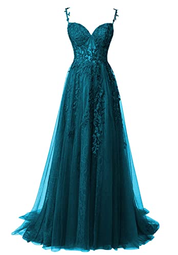 JIIL Damen Ballkleider Lang Spitze - Spaghettiträger Abendkleid mit Schlitz Tüll Rückenfrei Pfau 32 von JIIL