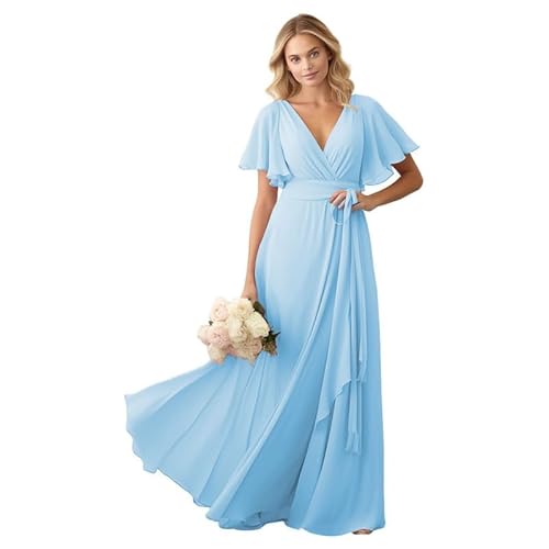 JIIL Damen Brautjungfer Kleid Lang - Chiffon Kurzarm Ballkleid Elegant für Hochzeit Gast Hellblau 40 von JIIL