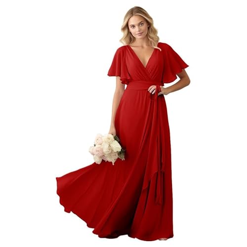 JIIL Damen Brautjungfer Kleid Lang - Chiffon Kurzarm Ballkleid Elegant für Hochzeit Gast Rot 44 von JIIL