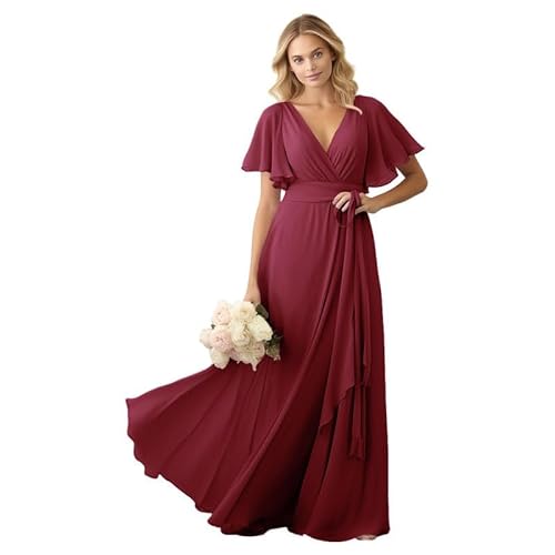 JIIL Damen Brautjungfer Kleid Lang - Chiffon Kurzarm Ballkleid Elegant für Hochzeit Gast Weinrot 40 von JIIL