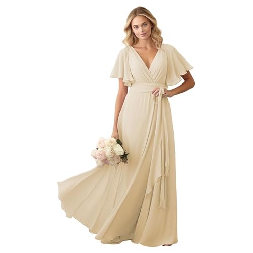 JIIL Damen Brautjungfer Kleid Lang - Chiffon Schlicht Hochzeit Gast Kleid mit Ärmel V-Ausschnitt Elegant Abendkleid Champagner 46 von JIIL