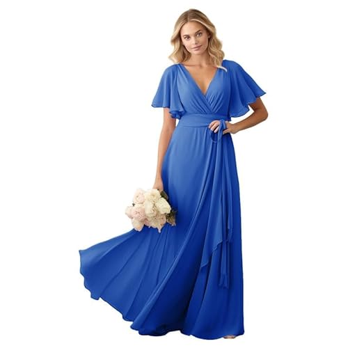 JIIL Damen Brautjungfer Kleid Lang - Chiffon Schlicht Hochzeit Gast Kleid mit Ärmel V-Ausschnitt Elegant Abendkleid Dunkel-blau 46 von JIIL