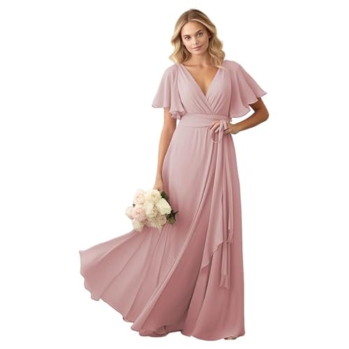JIIL Damen Brautjungfer Kleid Lang - Chiffon Schlicht Hochzeit Gast Kleid mit Ärmel V-Ausschnitt Elegant Abendkleid Dunkel-rosa 46 von JIIL