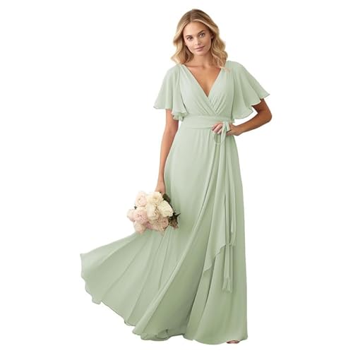 JIIL Damen Brautjungfer Kleid Lang - Chiffon Schlicht Hochzeit Gast Kleid mit Ärmel V-Ausschnitt Elegant Abendkleid Hell-Salbei-A 46 von JIIL