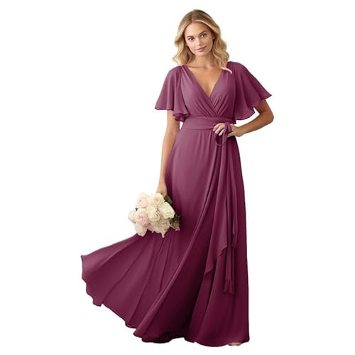 JIIL Damen Brautjungfer Kleid Lang - Chiffon Schlicht Hochzeit Gast Kleid mit Ärmel V-Ausschnitt Elegant Abendkleid Himbeerenrot 46 von JIIL