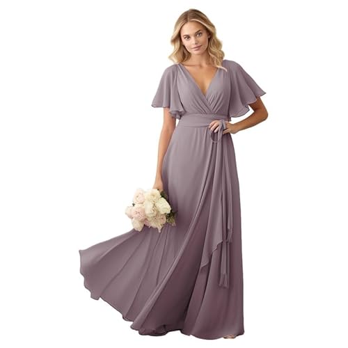 JIIL Damen Brautjungfer Kleid Lang - Chiffon Schlicht Hochzeit Gast Kleid mit Ärmel V-Ausschnitt Elegant Abendkleid Mauve 46 JIIL Damen Brautjungfer Kleid Lang - Chiffon Schlicht Hochzeit Gast Kleid mit Ärmel V-Ausschnitt Elegant Abendkleid Mauve 46 von JIIL