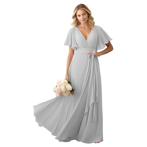 JIIL Damen Brautjungfer Kleid Lang - Chiffon Schlicht Hochzeit Gast Kleid mit Ärmel V-Ausschnitt Elegant Abendkleid Silber-grau 46 von JIIL