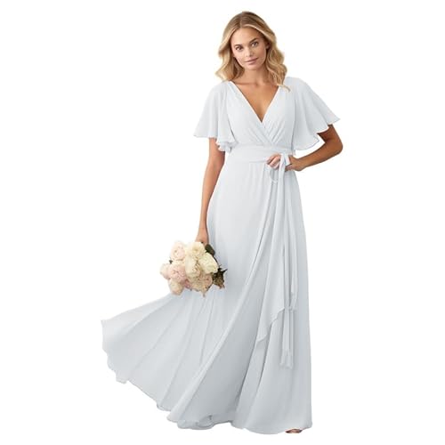 JIIL Damen Brautjungfer Kleid Lang - Chiffon Schlicht Hochzeit Gast Kleid mit Ärmel V-Ausschnitt Elegant Abendkleid Weiß 32 von JIIL