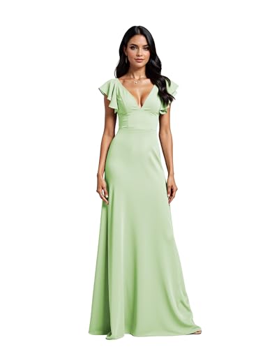 JIIL Damen Brautjungfernkleider Lang Chiffon V-Ausschnitt Abendkleid Elegant Wickelkleid Bodenlanges Ballkleider Für Hochzeit Salbei Grün c 42 von JIIL