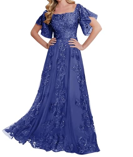 JIIL Damen Brautmutterkleider für Hochzeit - Ballkleid aus Chiffon mit Spitzenapplikationen Abendkleider Lang mit Ärmel Königsblau 46 von JIIL