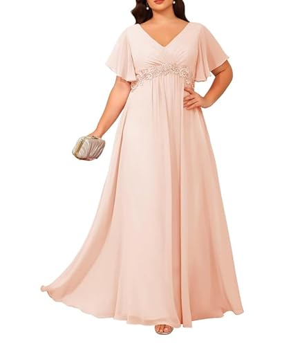 JIIL Damen Brautmutterkleider für Hochzeit - Chiffon V-Ausschnitt Abendkleider Große Größen Hochzeit Gast Kleid Blush 50 von JIIL