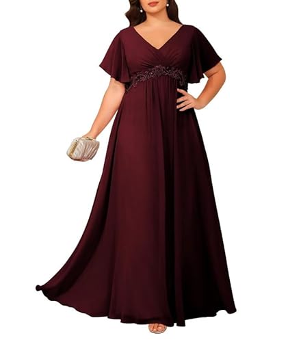 JIIL Damen Brautmutterkleider für Hochzeit - Chiffon V-Ausschnitt Abendkleider Große Größen Hochzeit Gast Kleid Burgund 58 von JIIL