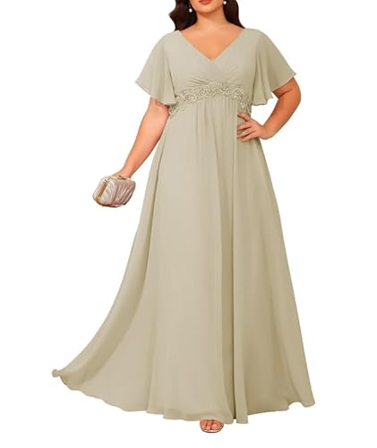 JIIL Damen Brautmutterkleider für Hochzeit - Chiffon V-Ausschnitt Abendkleider Große Größen Hochzeit Gast Kleid Champagner 48 von JIIL