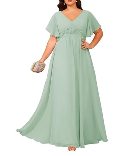 JIIL Damen Brautmutterkleider für Hochzeit - Chiffon V-Ausschnitt Abendkleider Große Größen Hochzeit Gast Kleid Grün Grau 48 von JIIL