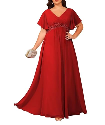 JIIL Damen Brautmutterkleider für Hochzeit - Chiffon V-Ausschnitt Abendkleider Große Größen Hochzeit Gast Kleid Rot 44 von JIIL