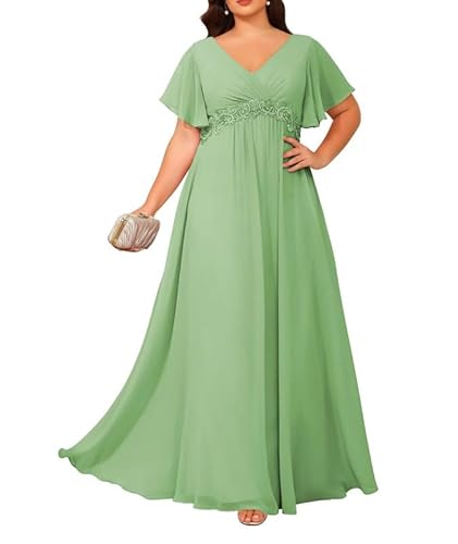 JIIL Damen Brautmutterkleider für Hochzeit - Chiffon V-Ausschnitt Abendkleider Große Größen Hochzeit Gast Kleid Sage 50 von JIIL