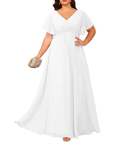 JIIL Damen Brautmutterkleider für Hochzeit - Chiffon V-Ausschnitt Abendkleider Große Größen Hochzeit Gast Kleid Weiß 58 von JIIL