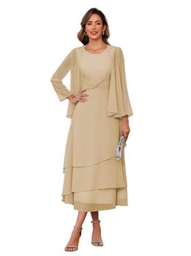 JIIL Damen Brautmutterkleider mit Jacke - 2 Teile Chiffon Gekräuselt Abendkleider Langarm Hochzeit Gast Kleid Champagner 38 von JIIL