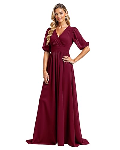 JIIL Damen Chiffon Elegant Brautjungfernkleid V-Ausschnitt Hohe Taille A-Linie Abendkleider Mit Ärmel Formelle Hochzeit Lang Ballkleid Burgund 42 von JIIL
