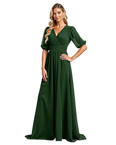 JIIL Damen Chiffon Elegant Brautjungfernkleid V-Ausschnitt Hohe Taille A-Linie Abendkleider Mit Ärmel Formelle Hochzeit Lang Ballkleid Dunkelgrün 42 JIIL Damen Chiffon Elegant Brautjungfernkleid V-Ausschnitt Hohe Taille A-Linie Abendkleider Mit Ärmel Formelle Hochzeit Lang Ballkleid Dunkelgrün 42 von JIIL
