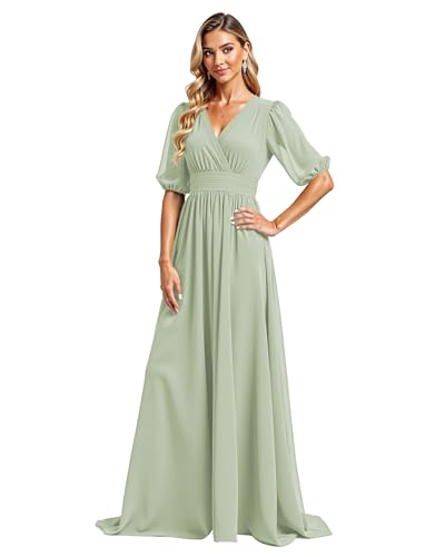 JIIL Damen Chiffon Elegant Brautjungfernkleid V-Ausschnitt Hohe Taille A-Linie Abendkleider Mit Ärmel Formelle Hochzeit Lang Ballkleid Grün grau 44 von JIIL