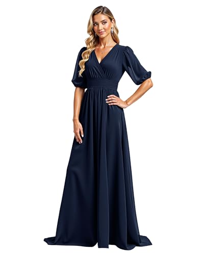 JIIL Damen Chiffon Elegant Brautjungfernkleid V-Ausschnitt Hohe Taille A-Linie Abendkleider Mit Ärmel Formelle Hochzeit Lang Ballkleid Marine 36 von JIIL