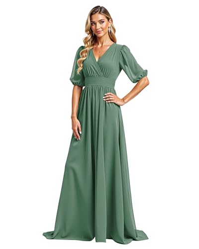 JIIL Damen Chiffon Elegant Brautjungfernkleid V-Ausschnitt Hohe Taille A-Linie Abendkleider Mit Ärmel Formelle Hochzeit Lang Ballkleid Pastellgrün 44 JIIL Damen Chiffon Elegant Brautjungfernkleid V-Ausschnitt Hohe Taille A-Linie Abendkleider Mit Ärmel Formelle Hochzeit Lang Ballkleid Pastellgrün 44 von JIIL