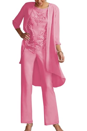 JIIL Damen Festlich Hosenanzug Hochzeit - 3 Teilig Chiffon Anzug Set mit Jacke für Brautmutter Baby pink 46 von JIIL