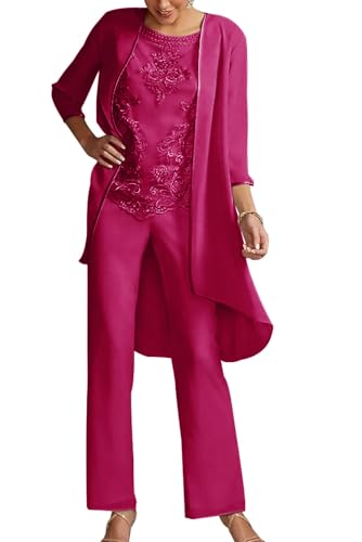 JIIL Damen Festlich Hosenanzug Hochzeit - 3 Teilig Chiffon Anzug Set mit Jacke für Brautmutter Fuchsie 46 von JIIL