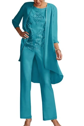 JIIL Damen Festlich Hosenanzug Hochzeit - 3 Teilig Chiffon Anzug Set mit Jacke für Brautmutter Jade 46 von JIIL