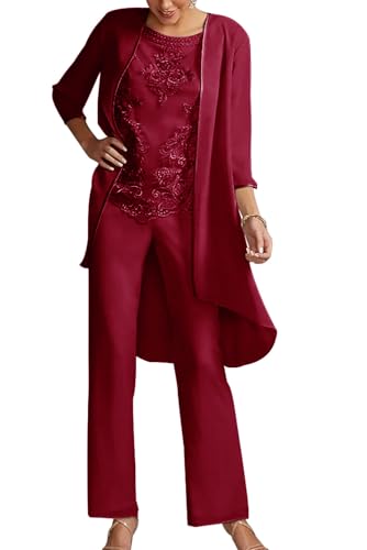JIIL Damen Festlich Hosenanzug Hochzeit - 3 Teilig Chiffon Anzug Set mit Jacke für Brautmutter Weinrot 46 von JIIL