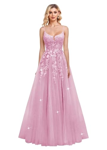 JIIL Damen Glitzer Tüll Abschlussballkleider Spaghettiträger Ballkleid Lang Spitze Applikationen Formale Abendkleider Altrosa 34 von JIIL